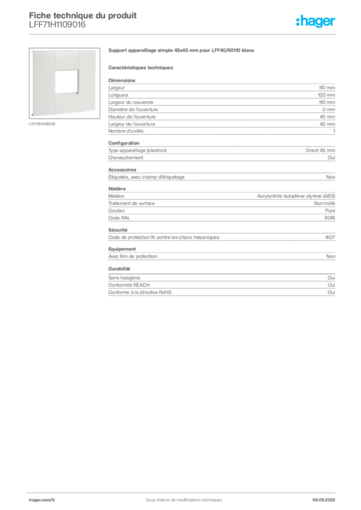 Image Hager Fiche technique du produit LFF71H1109016 | Hager France