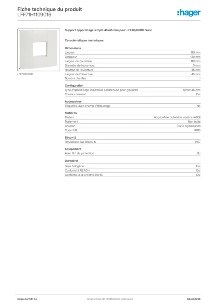Image Hager Fiche technique du produit LFF71H1109016 | Hager Belgique