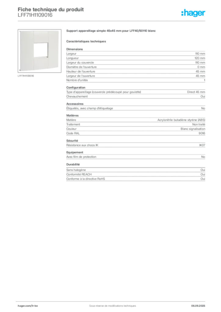 Image Hager Fiche technique du produit LFF71H1109016 | Hager Belgique
