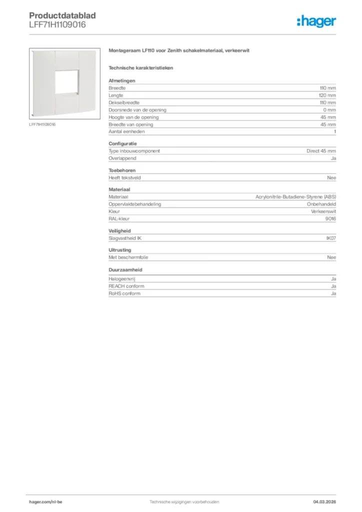 Afbeelding Hager Productdatablad LFF71H1109016 | Hager Belgium