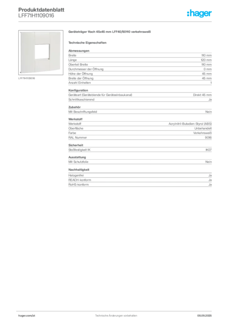 Bild Hager Produktdatenblatt LFF71H1109016 | Hager Deutschland