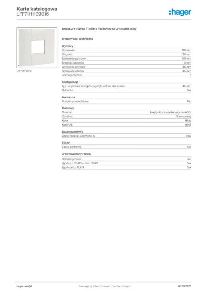 Zdjęcie Hager Karta katalogowa LFF71H1109016 | Hager Polska