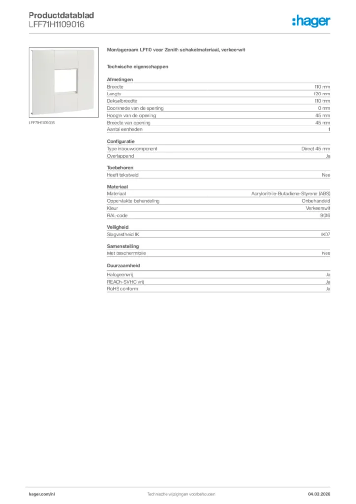 Afbeelding Hager Productdatablad LFF71H1109016 | Hager Nederland