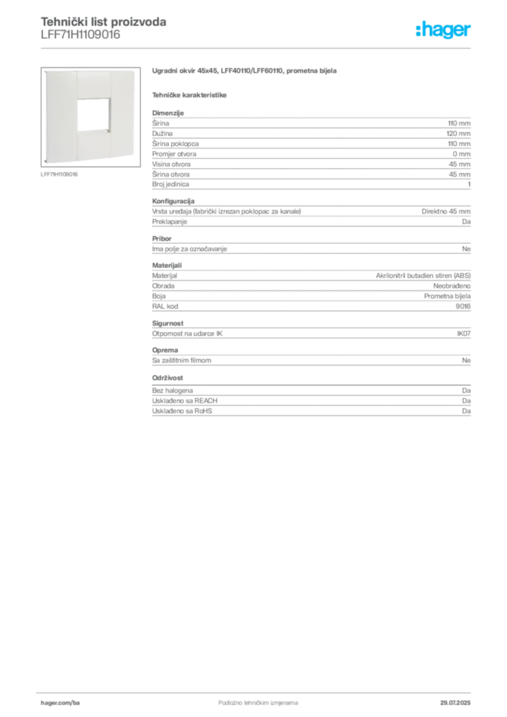 Slika Hager Product data sheet LFF71H1109016  | Hager