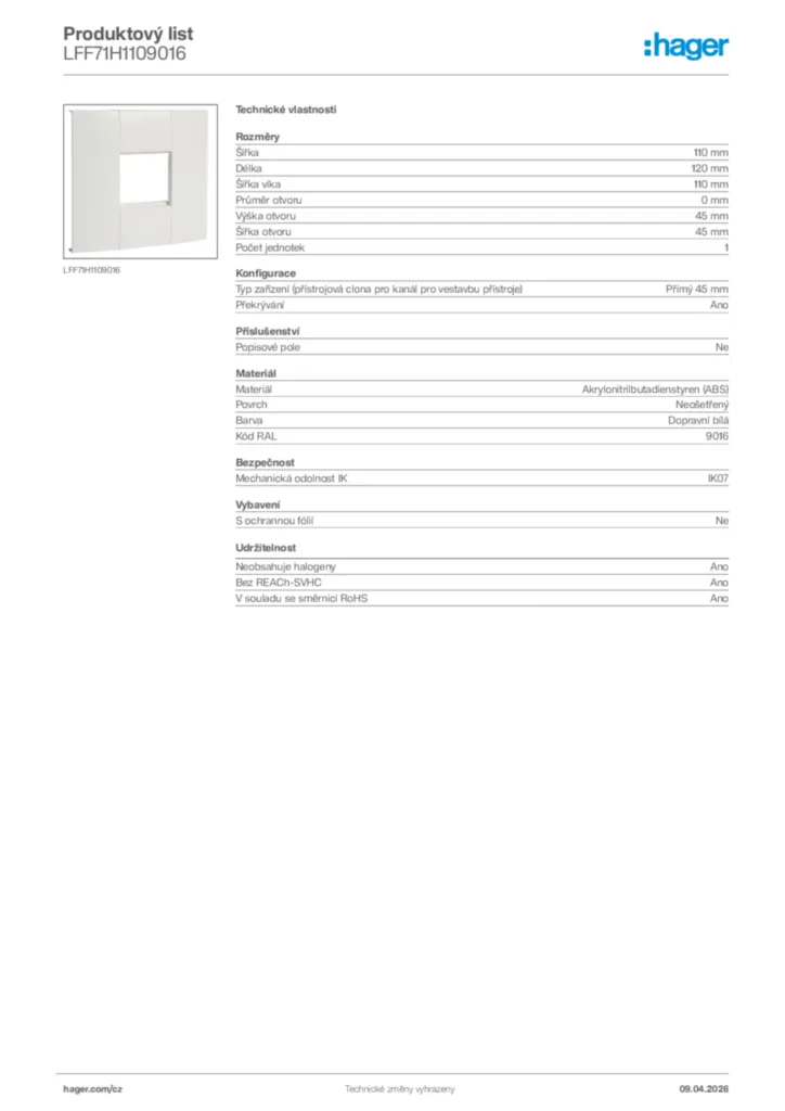 Obrázek Hager Product data sheet LFF71H1109016 | Hager