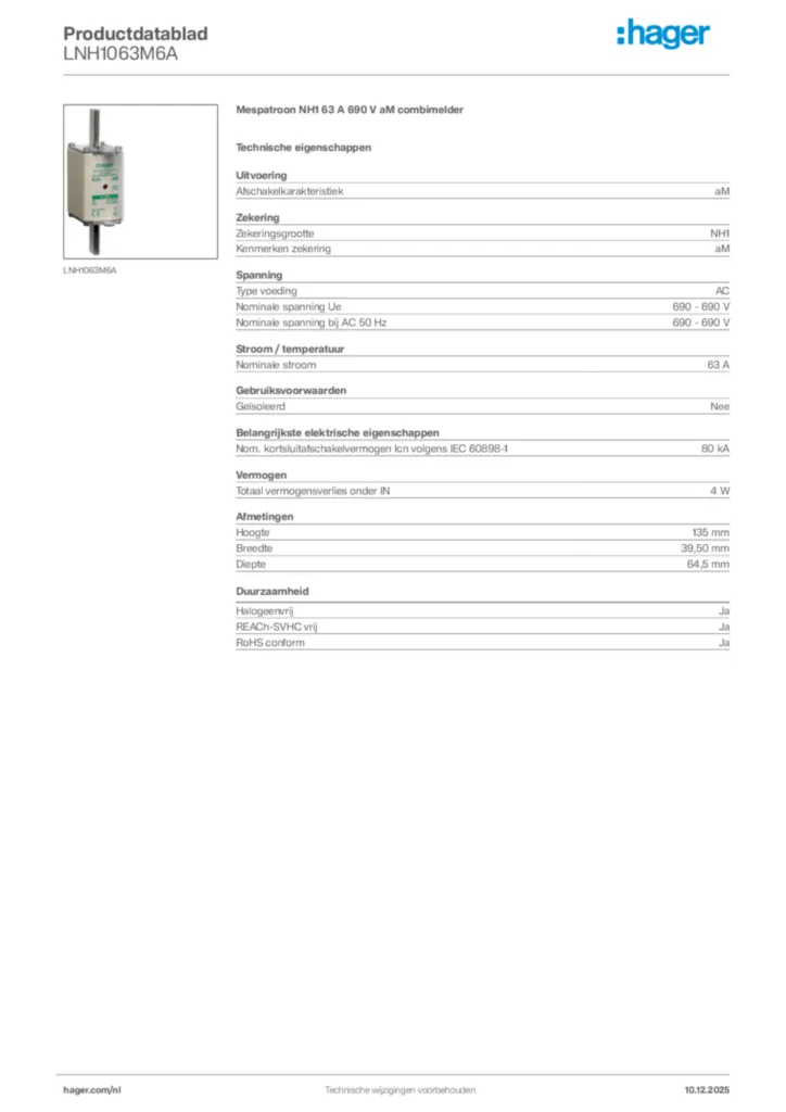 Afbeelding Hager Productdatablad LNH1063M6A | Hager Nederland
