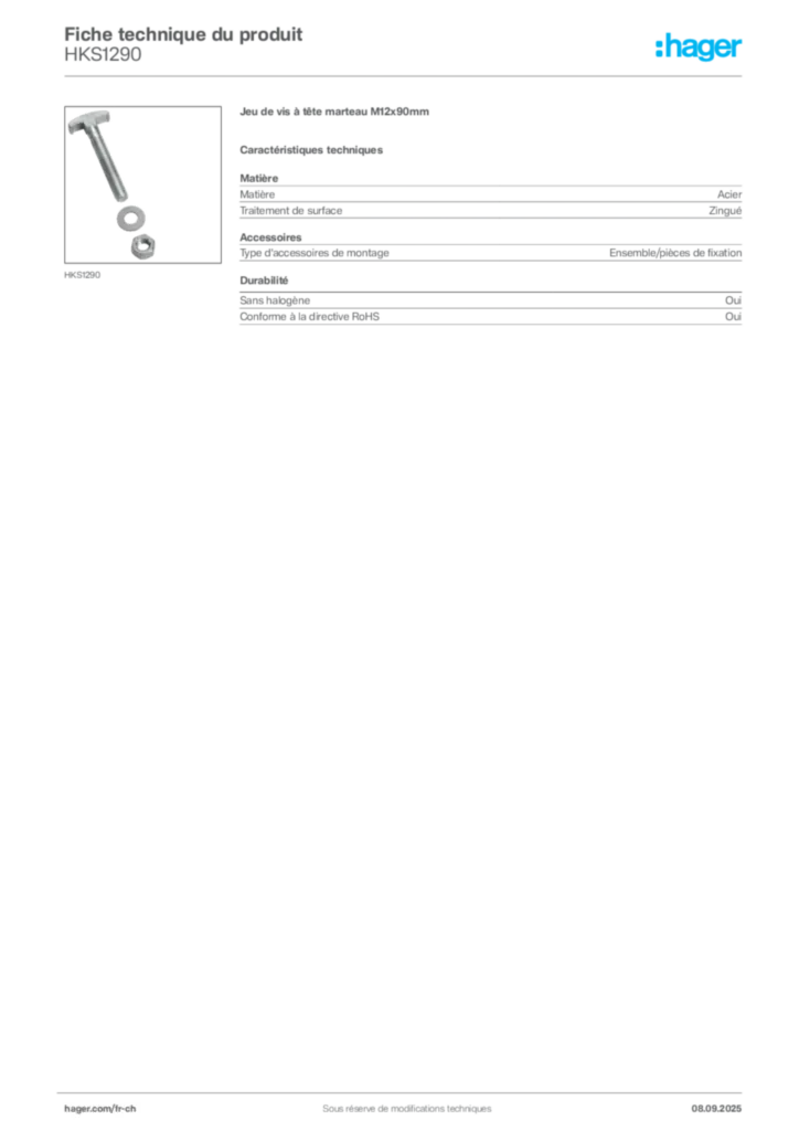 Image Hager Fiche technique du produit HKS1290 | Hager Suisse