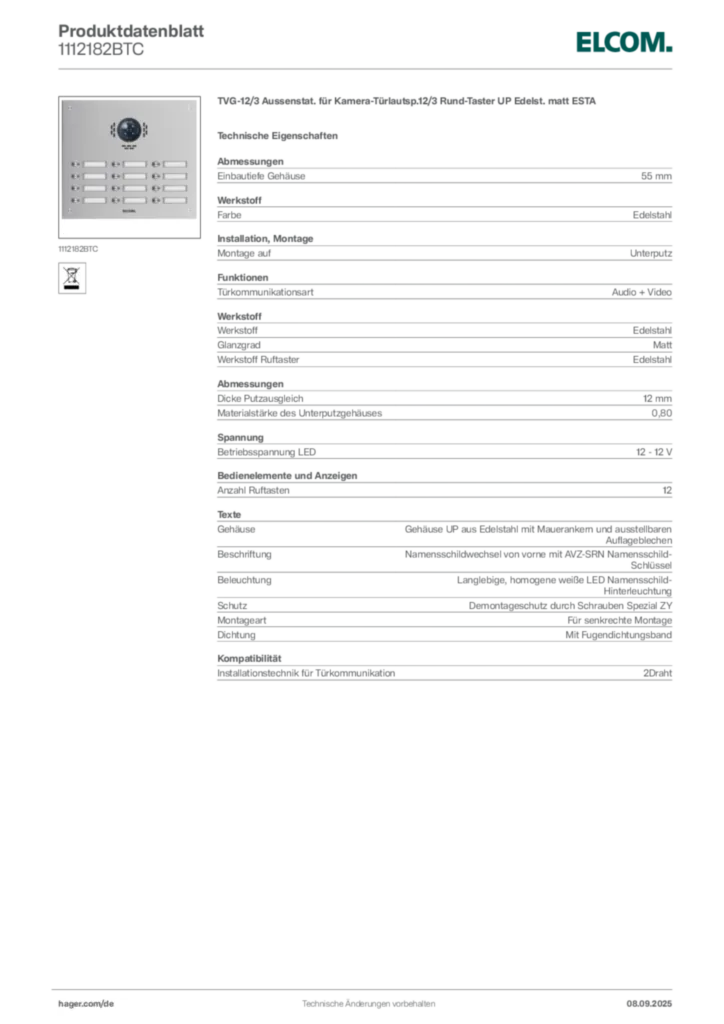 Bild Elcom Produktdatenblatt 1112182BTC | Hager Deutschland
