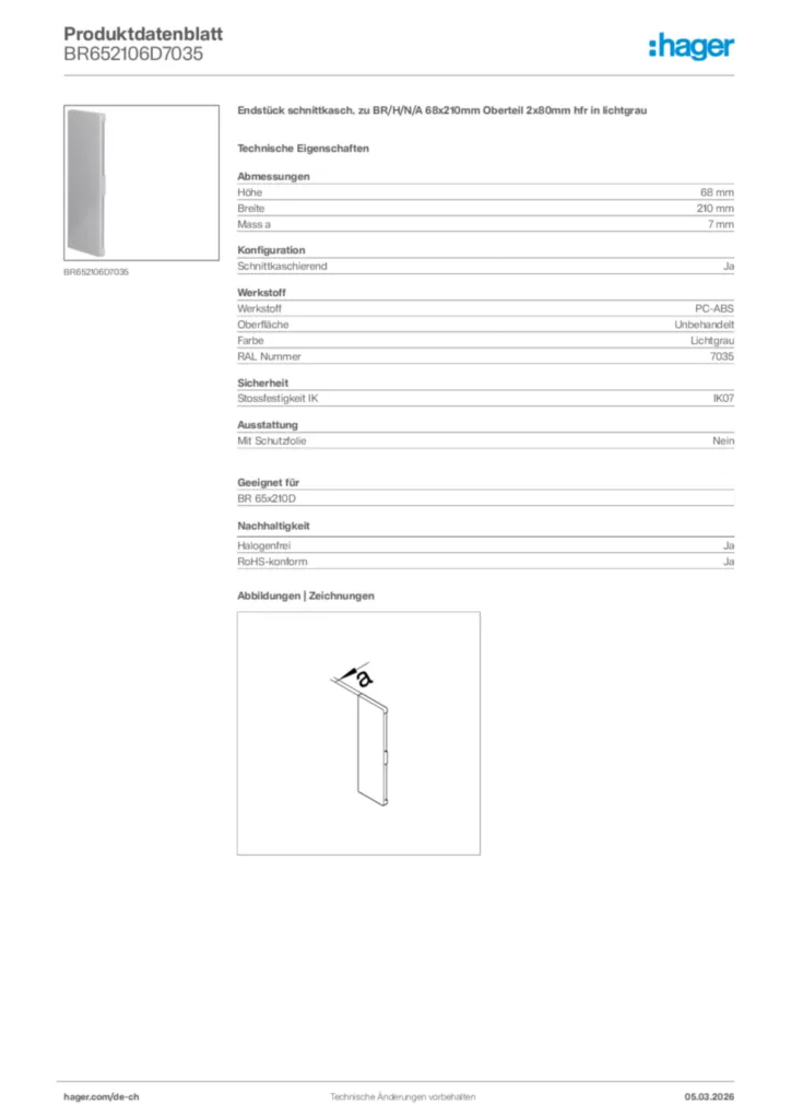 Bild Hager Produktdatenblatt BR652106D7035 | Hager Schweiz