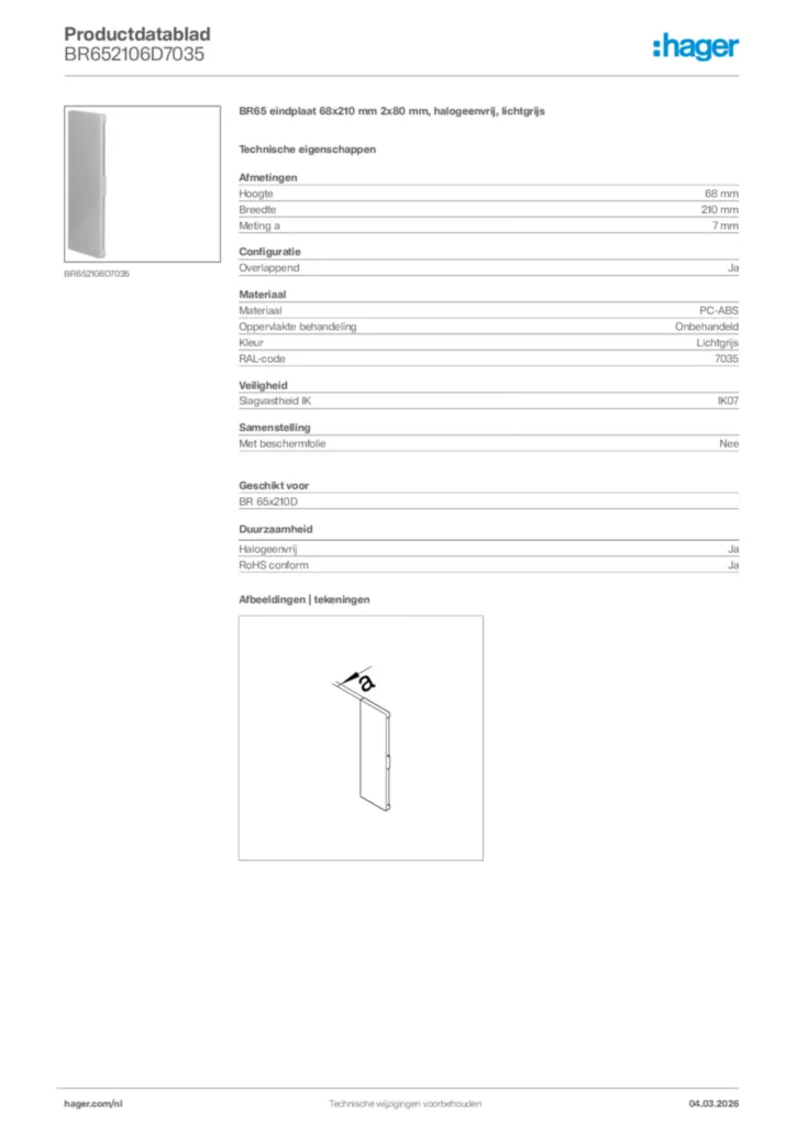 Afbeelding Hager Productdatablad BR652106D7035 | Hager Nederland