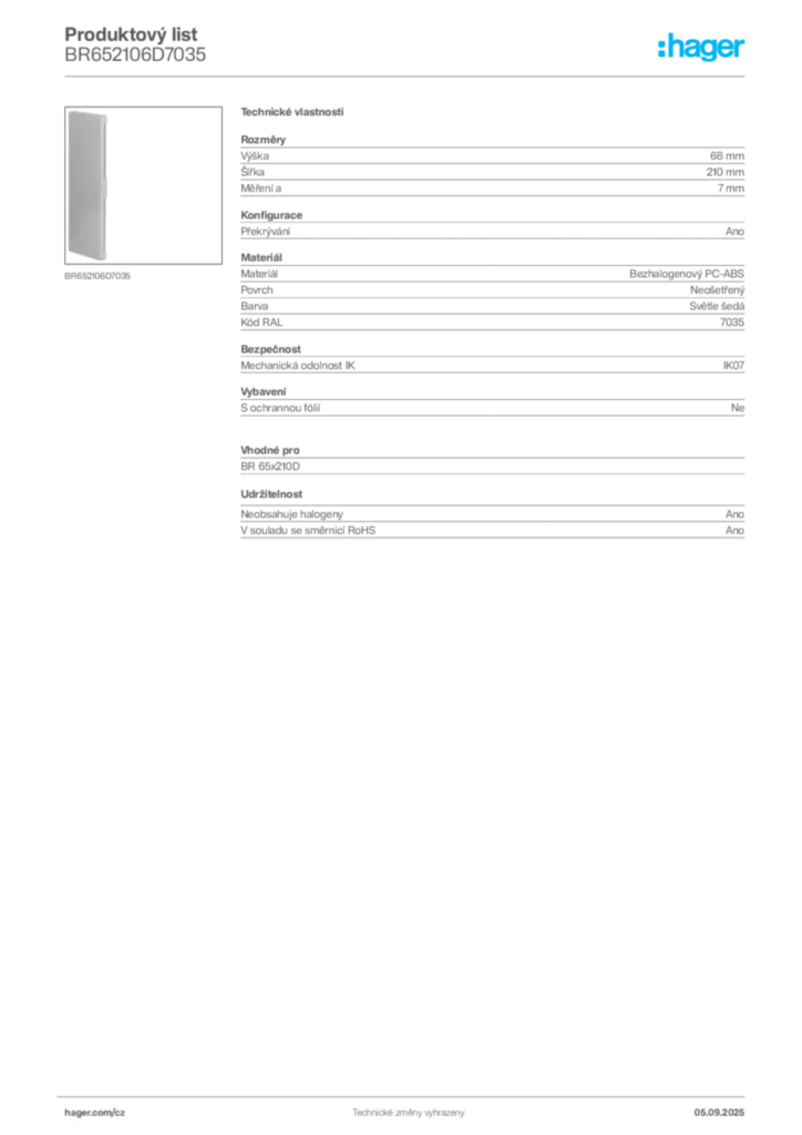 Obrázek Hager Produktový list BR652106D7035 | Hager