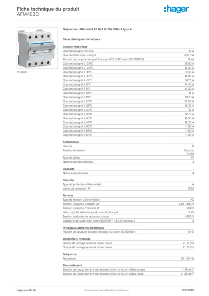 Image Hager Fiche technique du produit AFM463C | Hager Suisse