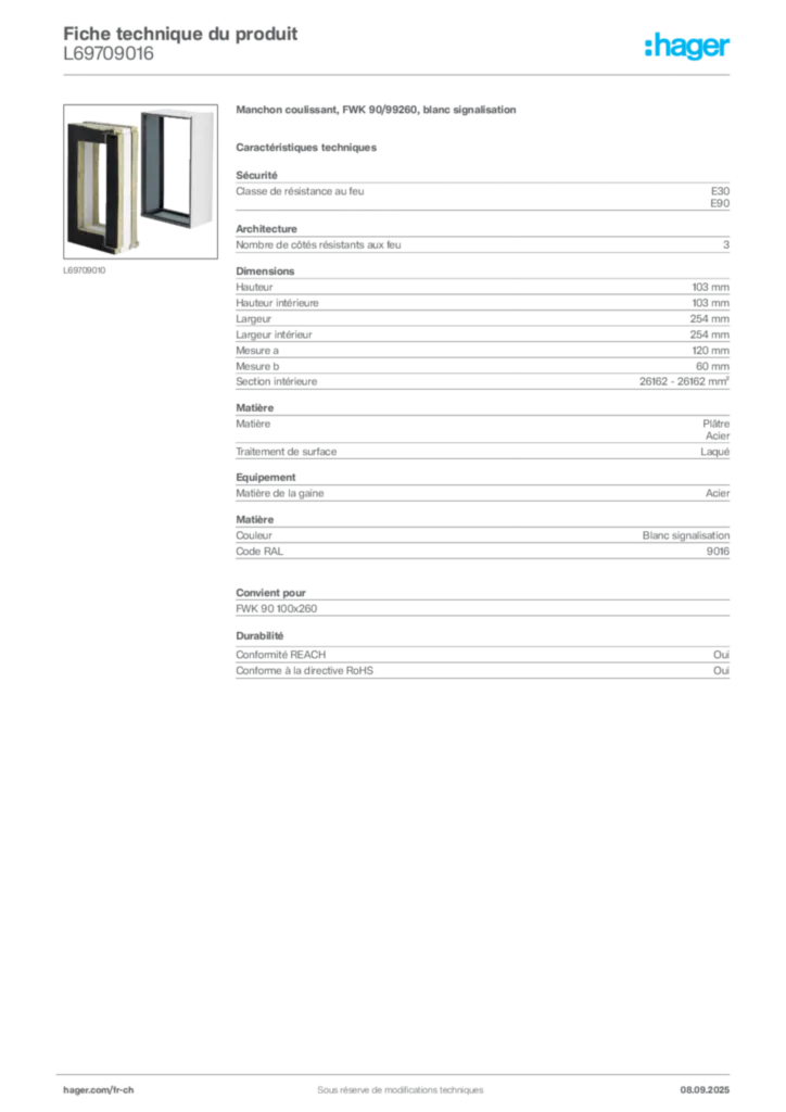 Image Hager Fiche technique du produit L69709016 | Hager Suisse