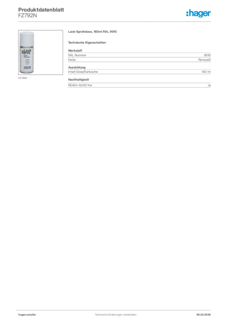 Bild Hager Produktdatenblatt FZ792N | Hager Deutschland