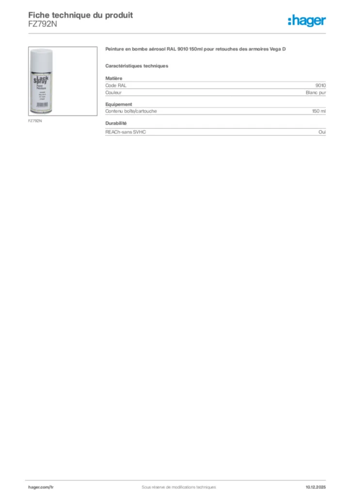 Image Hager Fiche technique du produit FZ792N | Hager France