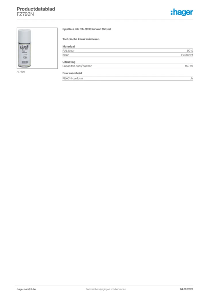 Afbeelding Hager Productdatablad FZ792N | Hager Belgium