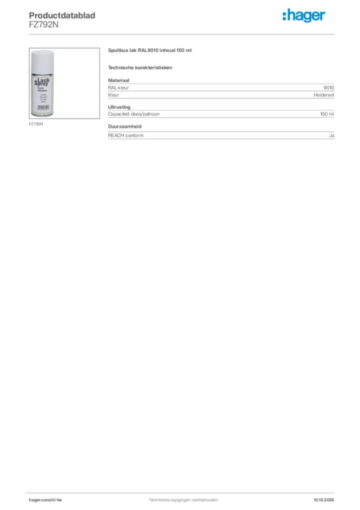 Afbeelding Hager Productdatablad FZ792N | Hager Belgium