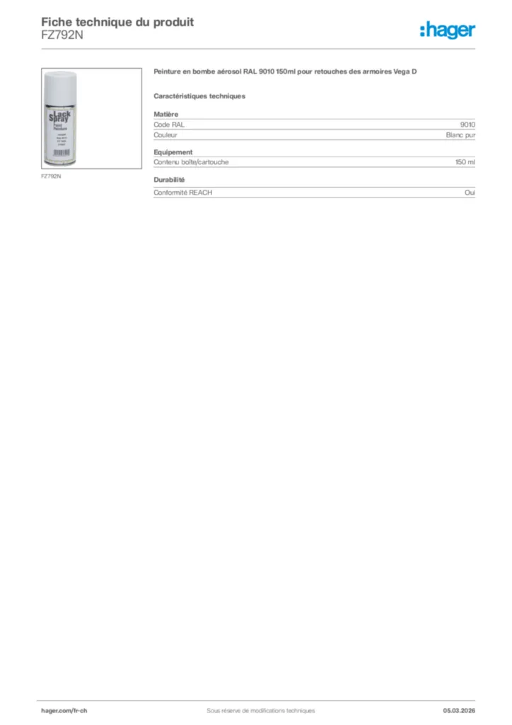 Image Hager Fiche technique du produit FZ792N | Hager Suisse