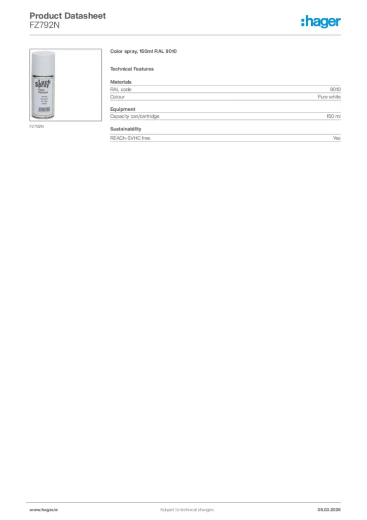 Image Hager Product data sheet FZ792N  | Hager