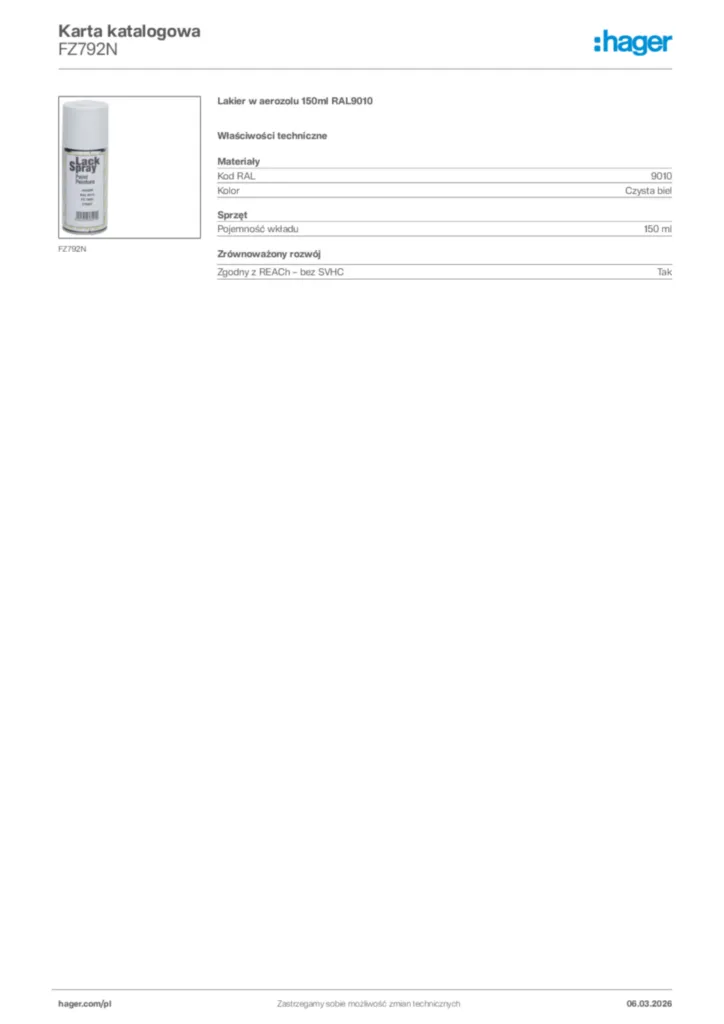 Zdjęcie Hager Karta katalogowa FZ792N | Hager Polska