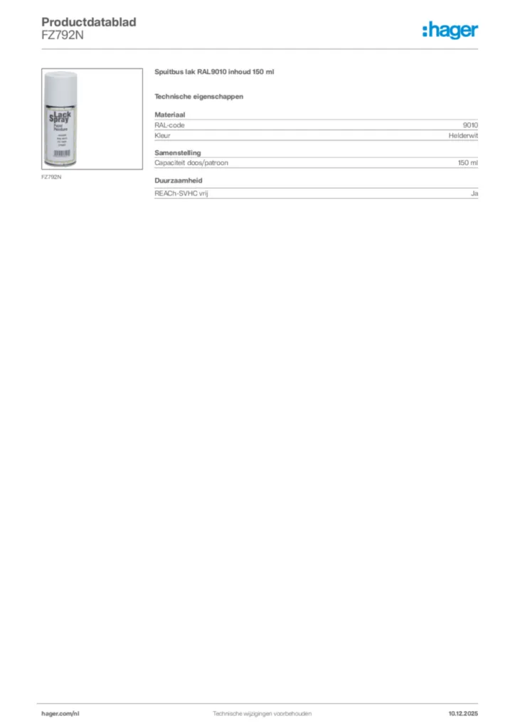 Afbeelding Hager Productdatablad FZ792N | Hager Nederland