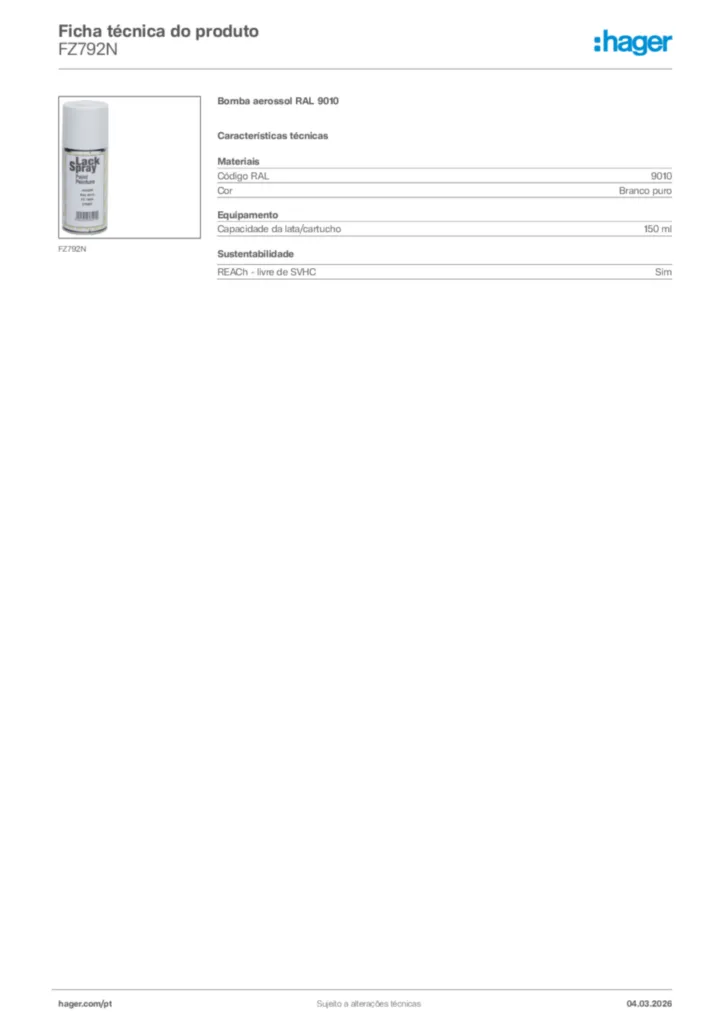 Imagem Hager Ficha técnica do produto FZ792N | Hager Portugal