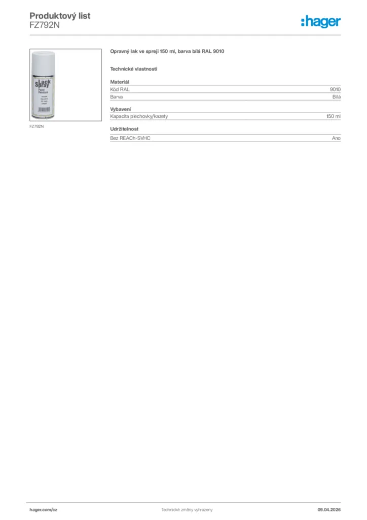 Obrázek Hager Product data sheet FZ792N | Hager