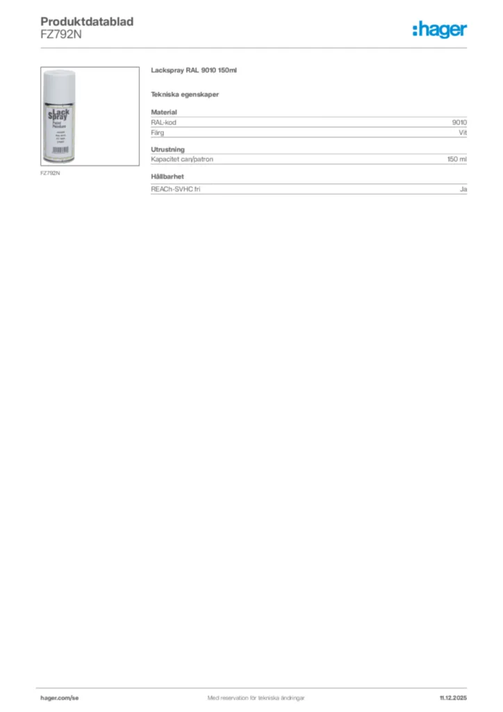 Bild Hager Produktdatablad FZ792N | Hager Sverige