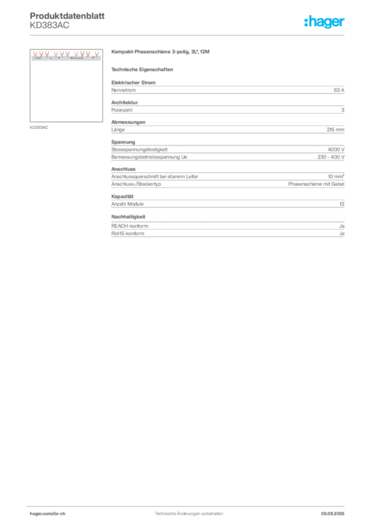 Bild Hager Produktdatenblatt KD383AC | Hager Schweiz