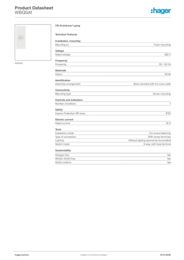 Image Hager Product data sheet WBQSA1  | Hager New Zealand
