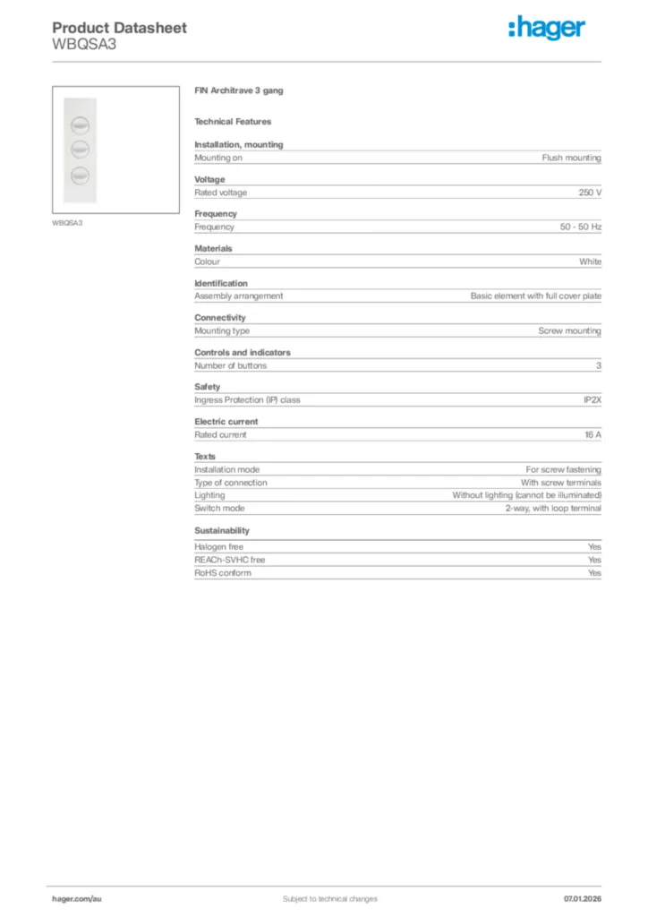 Image Hager Product data sheet WBQSA3  | Hager Australia