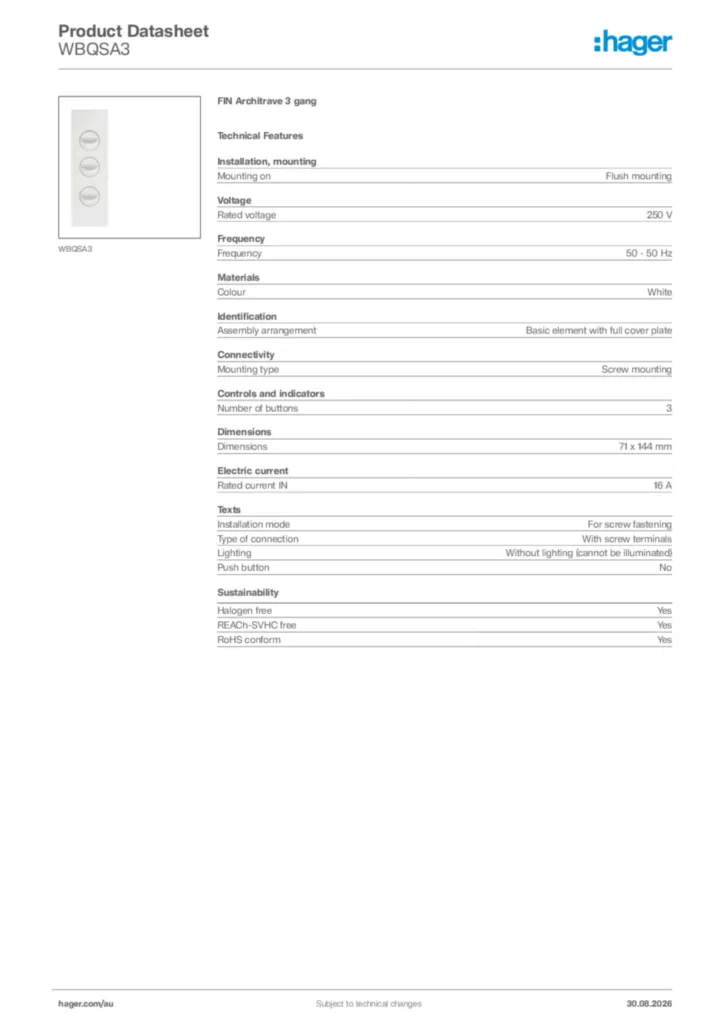 Image Hager Product data sheet WBQSA3  | Hager Australia