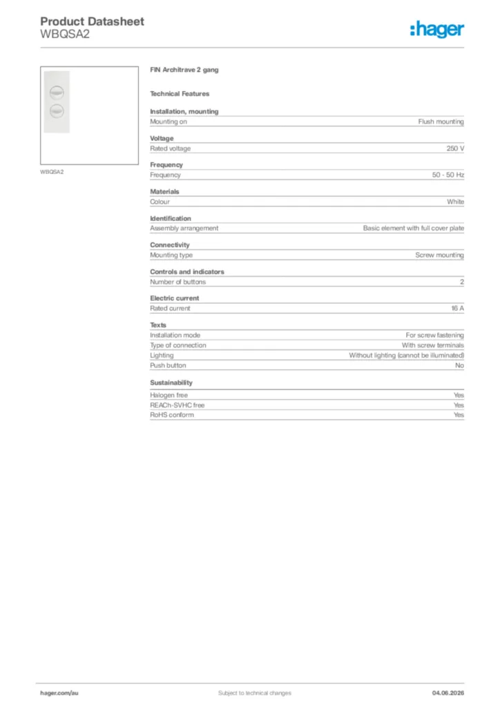 Image Hager Product data sheet WBQSA2  | Hager Australia