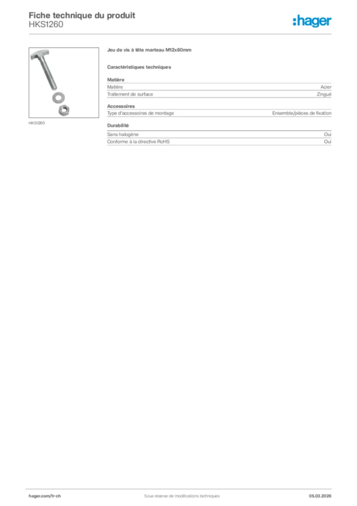 Image Hager Fiche technique du produit HKS1260 | Hager Suisse