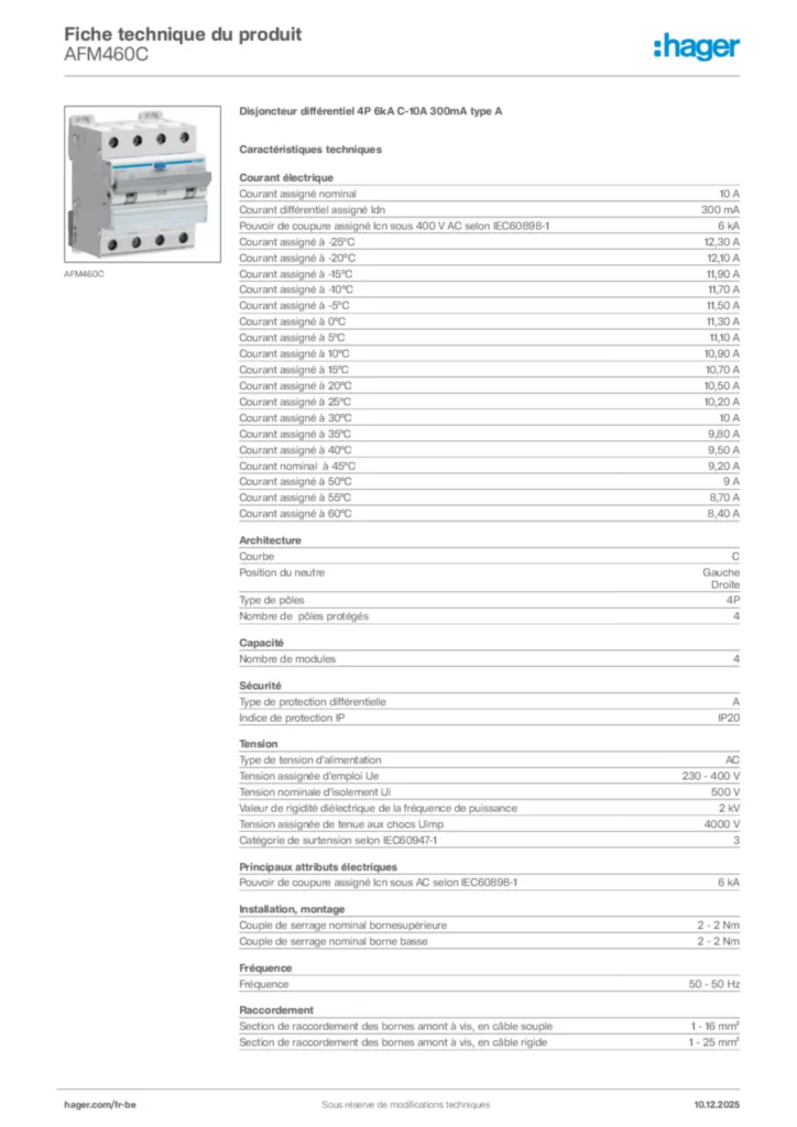Image Hager Fiche technique du produit AFM460C | Hager Belgique