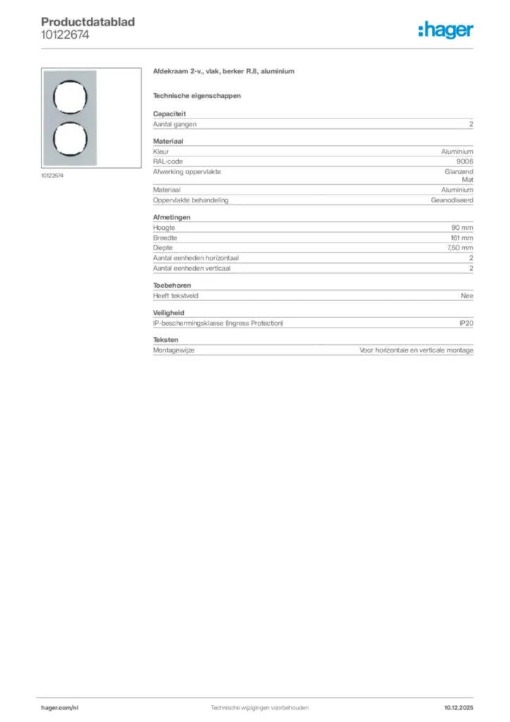 Afbeelding Hager Productdatablad 10122674 | Hager Nederland