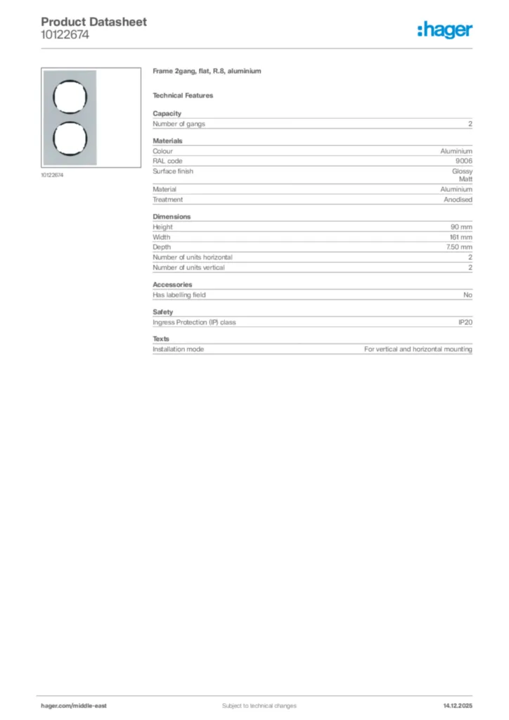 Image Hager Product data sheet 10122674  | Hager