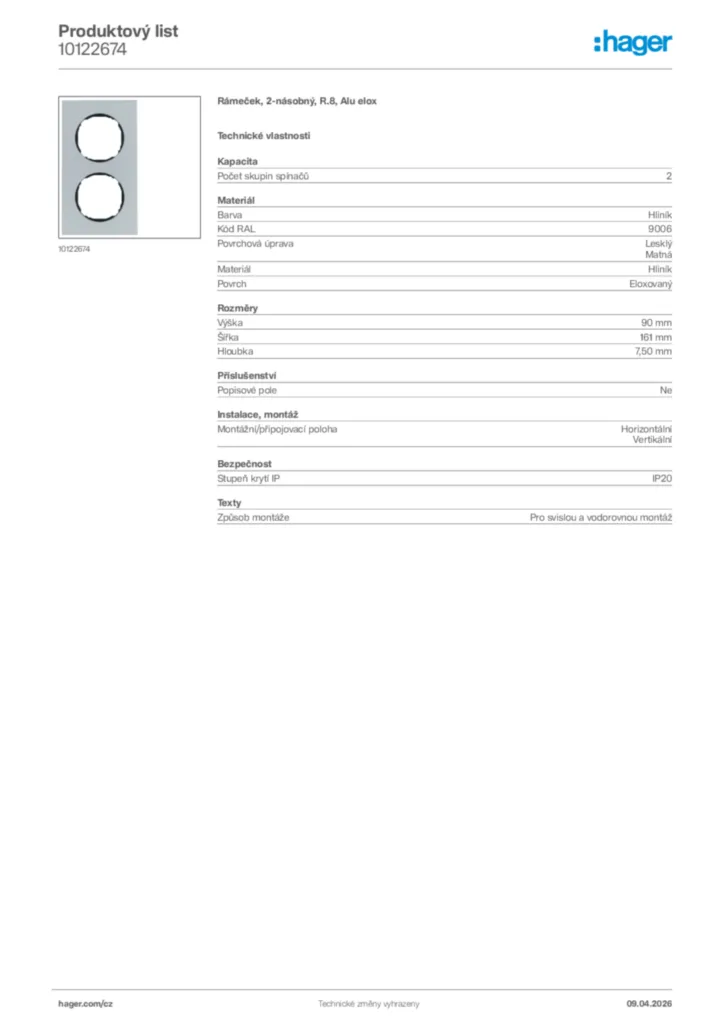 Obrázek Hager Product data sheet 10122674 | Hager