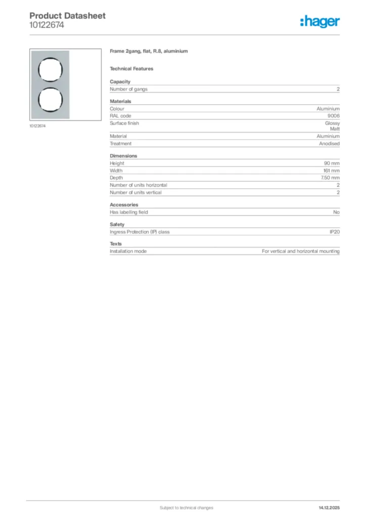 Image Hager Product data sheet 10122674  | Hager