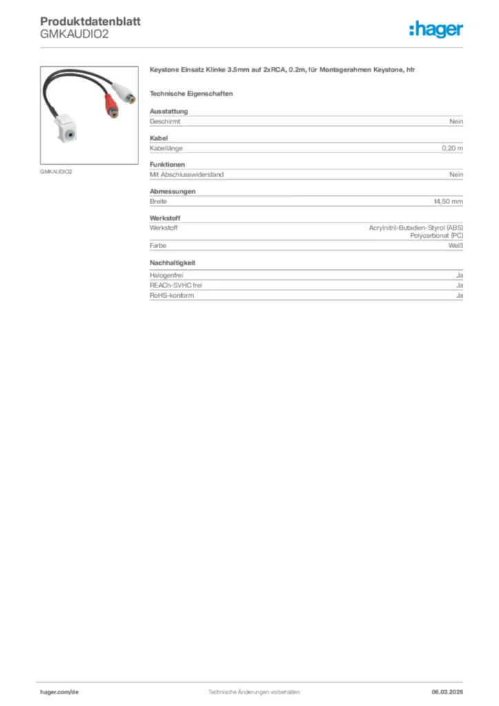 Bild Hager Produktdatenblatt GMKAUDIO2 | Hager Deutschland