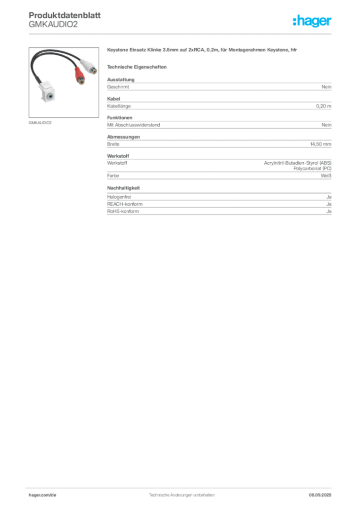 Bild Hager Produktdatenblatt GMKAUDIO2 | Hager Deutschland
