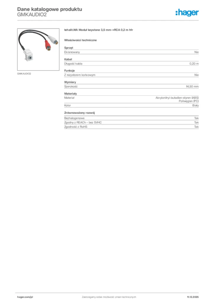 Zdjęcie Hager Dane katalogowe produktu GMKAUDIO2 | Hager Polska