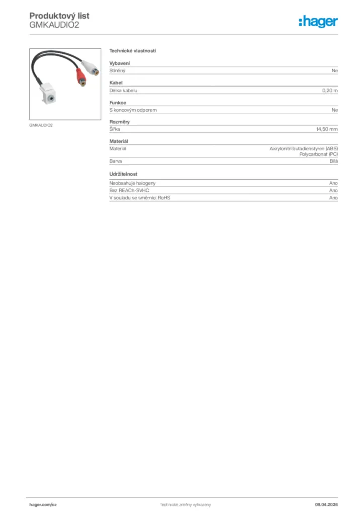 Obrázek Hager Product data sheet GMKAUDIO2 | Hager