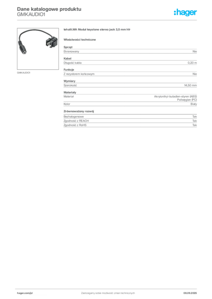 Zdjęcie Hager Dane katalogowe produktu GMKAUDIO1 | Hager Polska