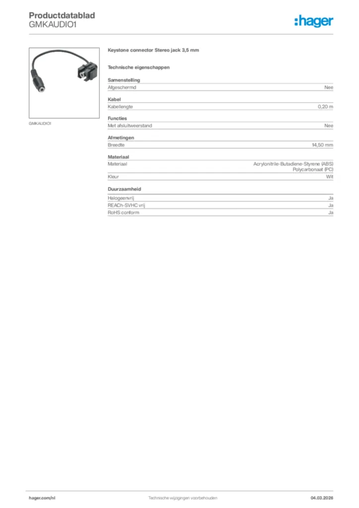 Afbeelding Hager Productdatablad GMKAUDIO1 | Hager Nederland