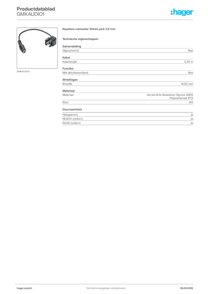 Afbeelding Hager Productdatablad GMKAUDIO1 | Hager Nederland