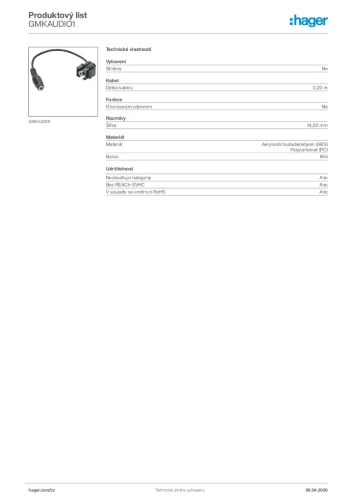 Obrázek Hager Product data sheet GMKAUDIO1 | Hager