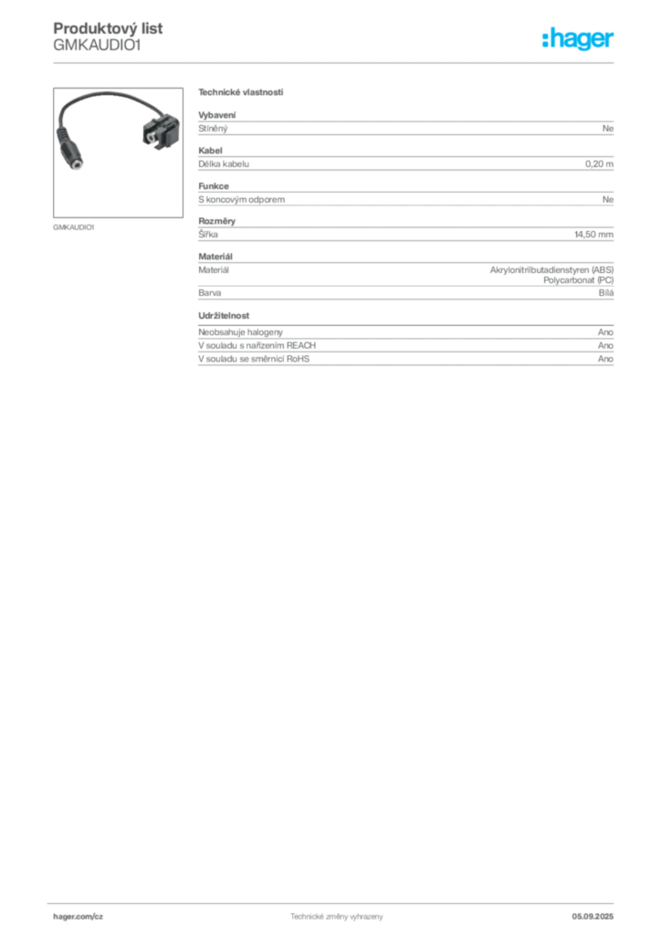 Obrázek Hager Produktový list GMKAUDIO1 | Hager