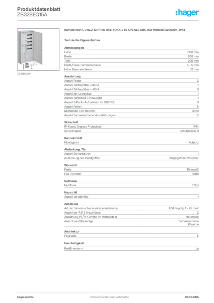 Bild Hager Produktdatenblatt ZB32SEQ15A | Hager Deutschland