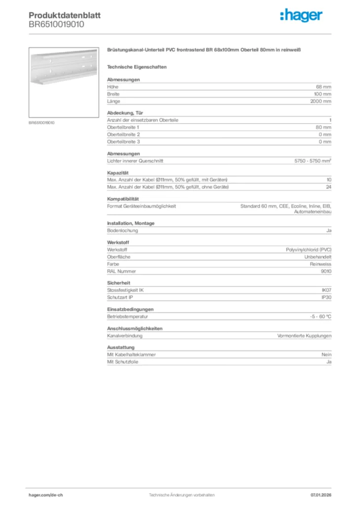 Bild Hager Produktdatenblatt BR6510019010 | Hager Schweiz